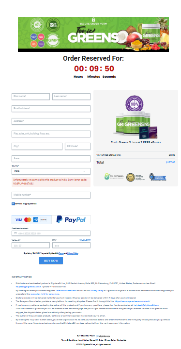 Tonic Greens order page